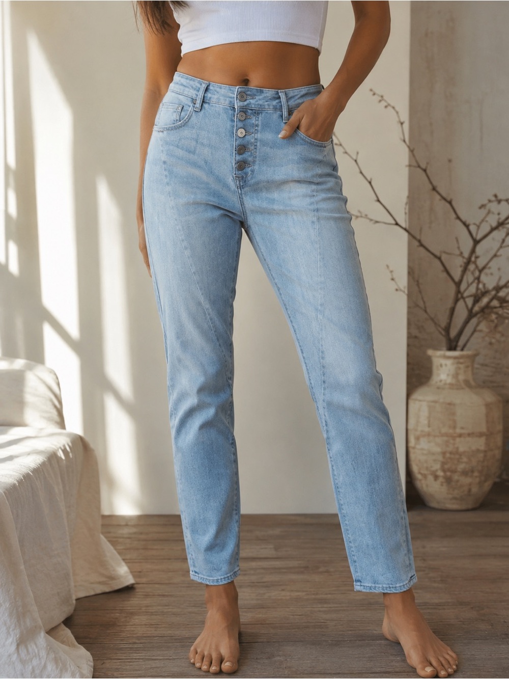 PLEASE Denim Made in Italy Light Wash Button Fly Jeans Size Large